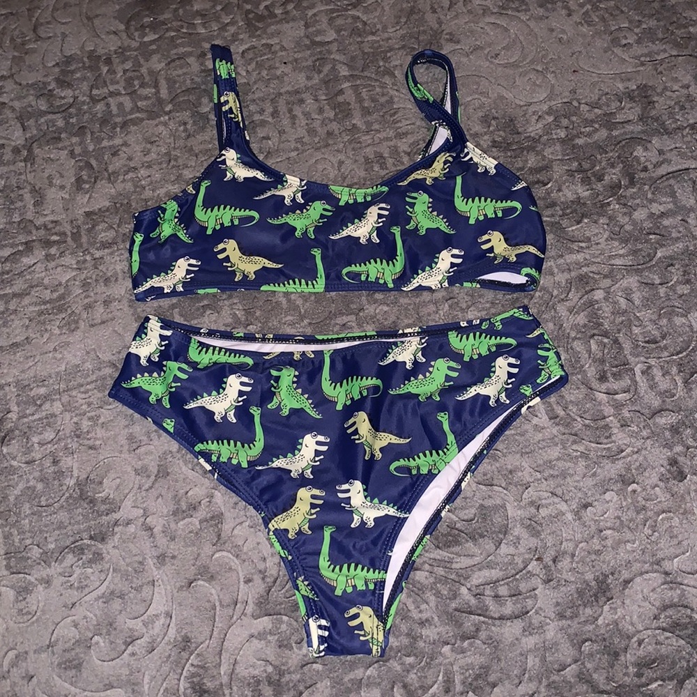 ROMWE Navy Blue Dinosaur Print Bikini Set, sz L top and bottom